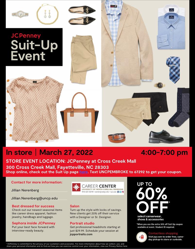 JCPenney Suit-Up March 27, 2022 4-7 pm Fayetteville Cross Creek Mall (Up to 60% off)